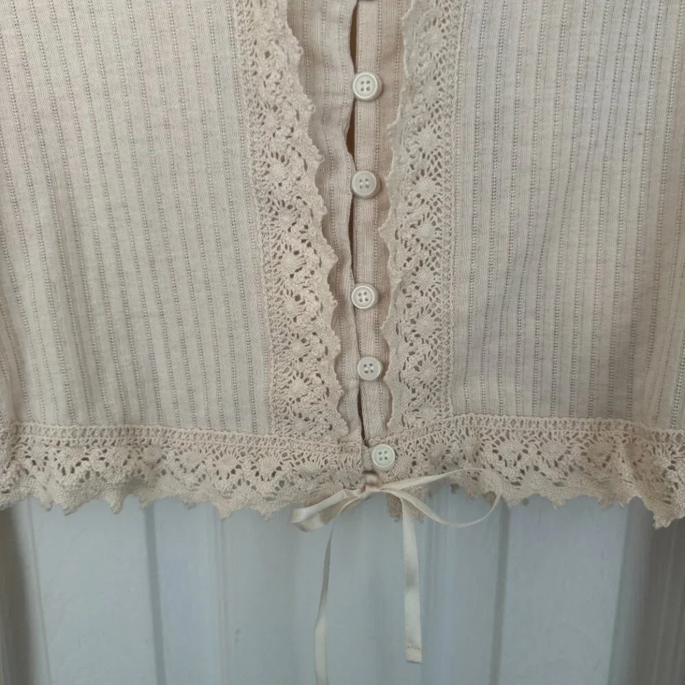 NWT, Free People Third Date Top, Crocheted Hem, Almond / Off-white Color, L